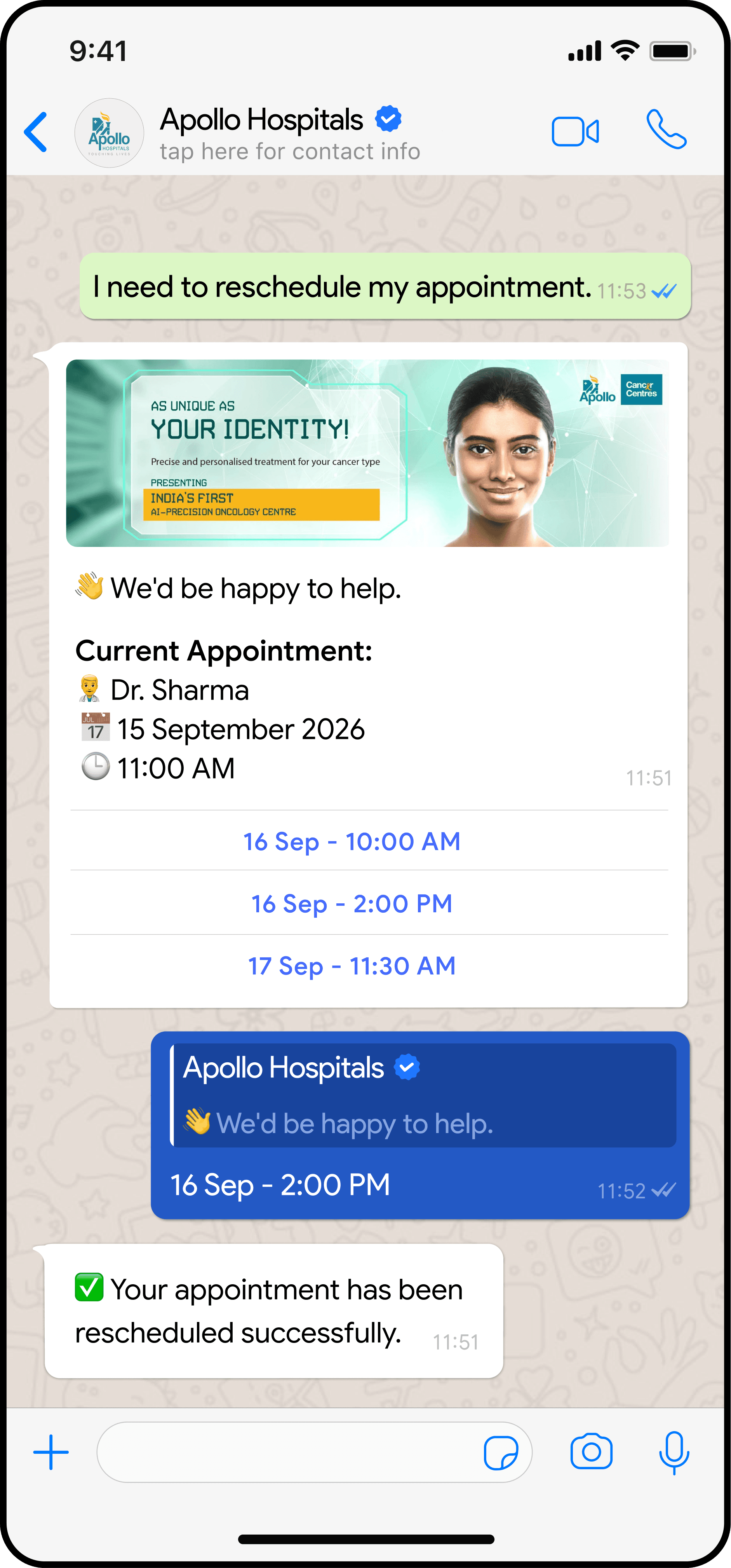 Apollo Hospitals WhatsApp — appointment reschedule flow