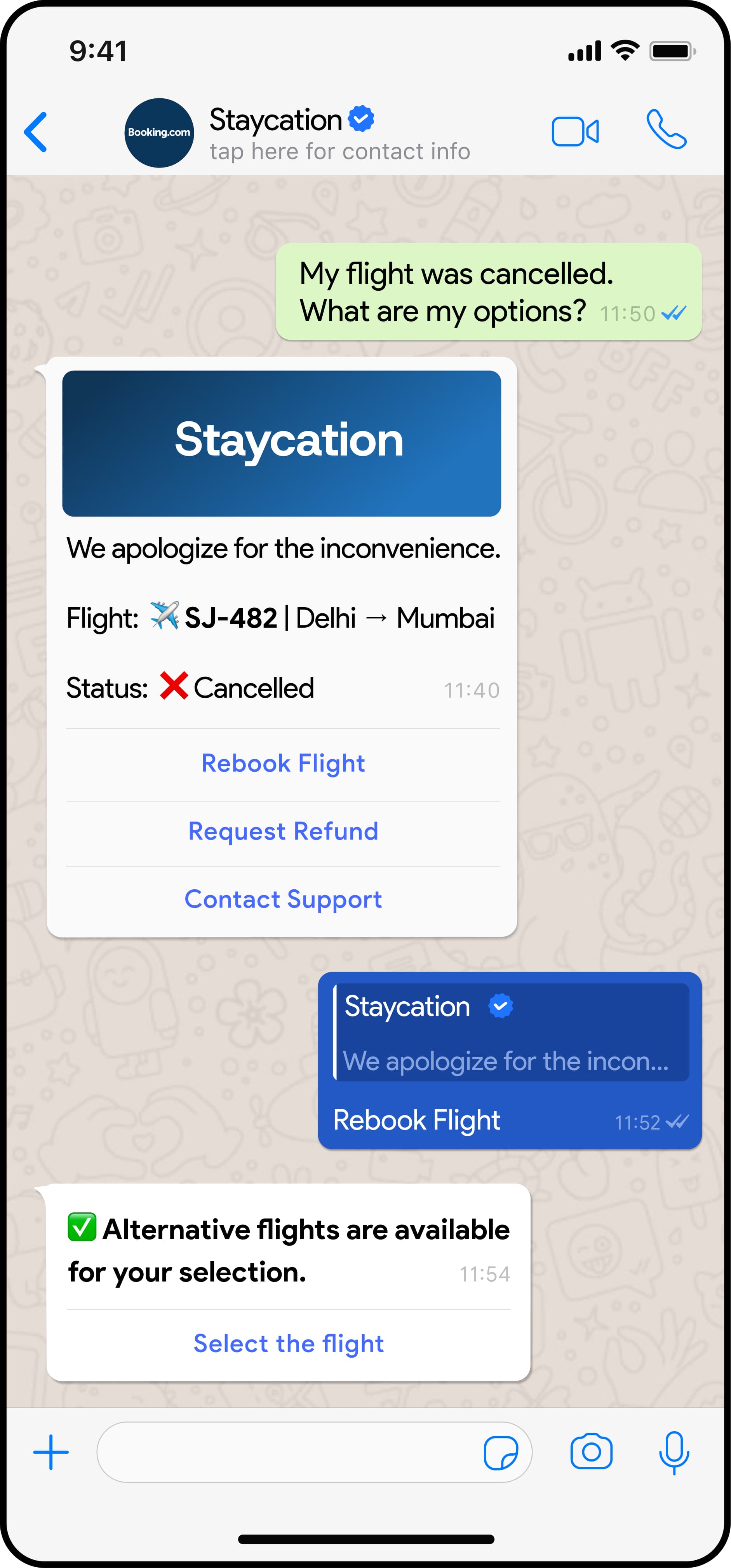 Travel WhatsApp — cancelled flight recovery